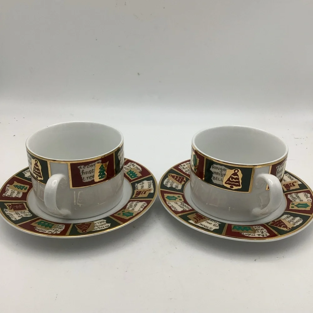 Two Pier 1 Yuletide Greetings Cup and Saucer Sets